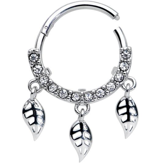 16G 3/8 Clear Gem Open Leaf Dangle Hinged Segment Ring