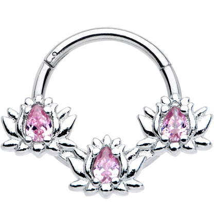 16G 3/8 Pink CZ Gem Triple Lotus Hinged Segment Ring