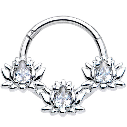 16G 3/8 Clear CZ Gem Triple Lotus Hinged Segment Ring