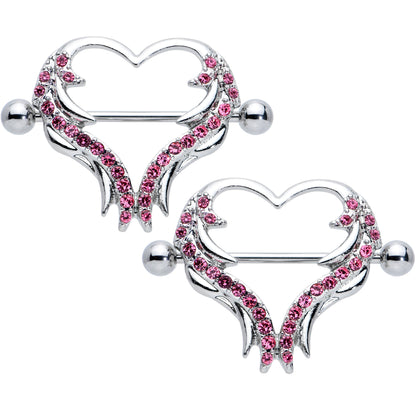 14G 3/4 Pink Gem Rock and Roll Heart Nipple Shield Set