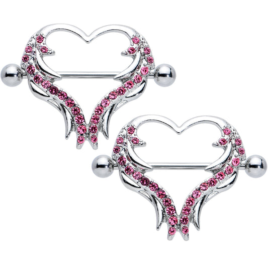 14G 3/4 Pink Gem Rock and Roll Heart Nipple Shield Set