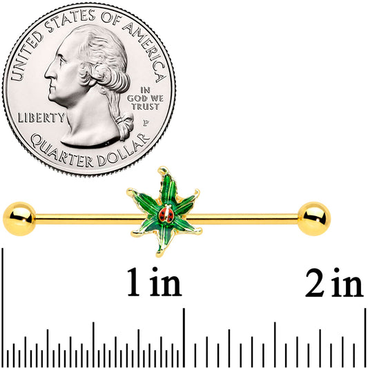 14G Gold Tone Tiny Ladybug Leaves Industrial Barbell 38mm