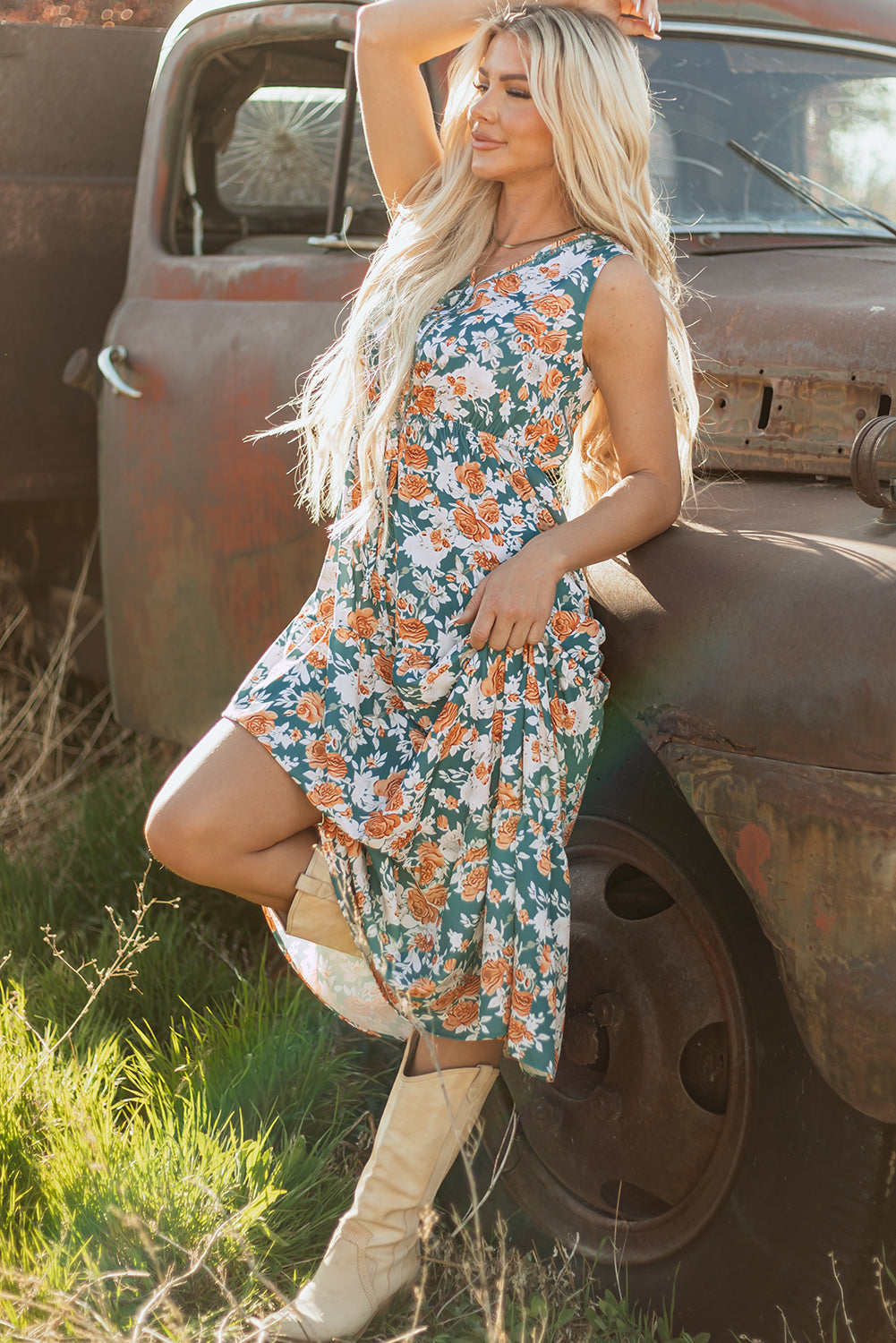 Floral Trim V-Neck Tie Waist Dress