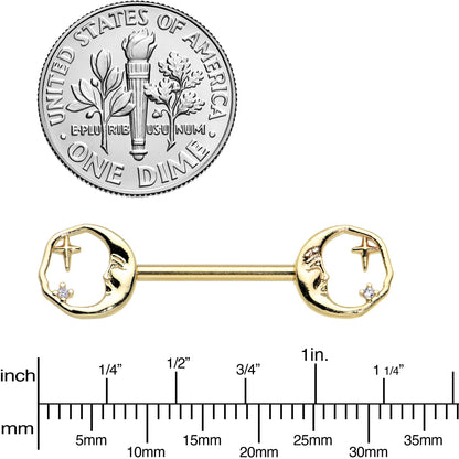 14G 9/16 Gold Tone Face Crescent Moon Barbell Nipple Ring Set