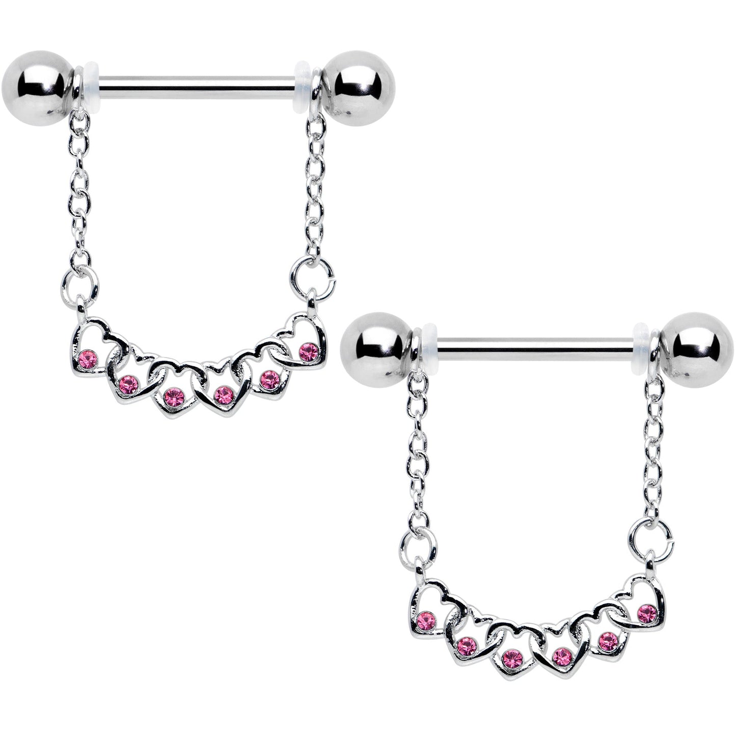 14G 9/16 Pink Gem Link Heart Valentine Dangle Nipple Ring Set