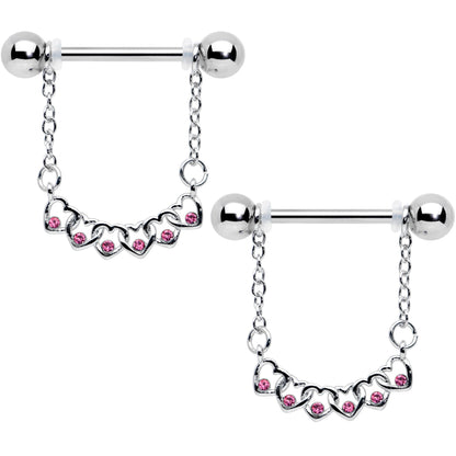 14G 9/16 Pink Gem Link Heart Valentine Dangle Nipple Ring Set