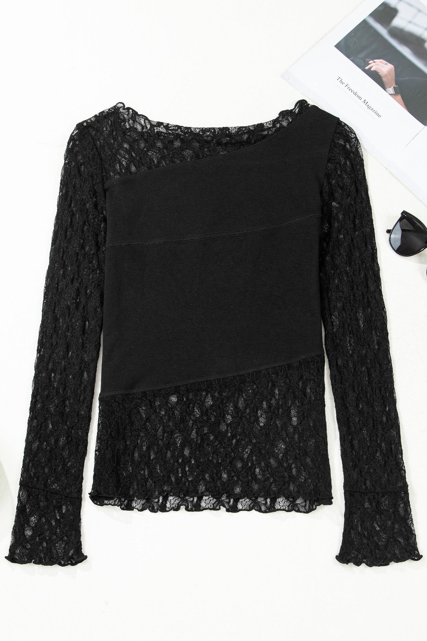 Floral Sheer Lace Patchwork Asymmetric Top