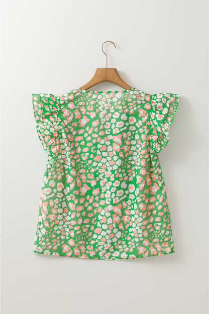 Abstract Leopard Tied Front Flutter Sleeve Blouse