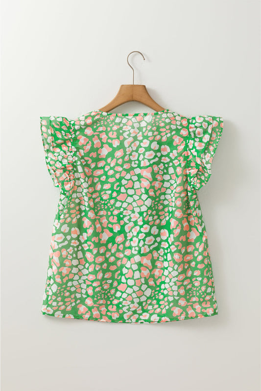 Abstract Leopard Tied Front Flutter Sleeve Blouse