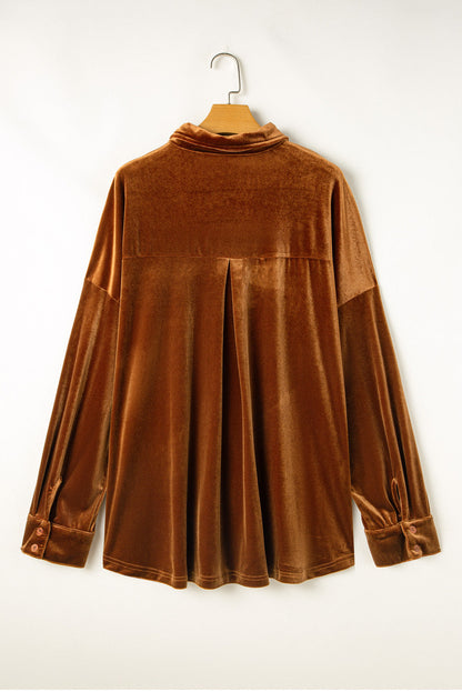 Plus Size Velvet Button-Up Pocketed Drop Shoulder Shirt