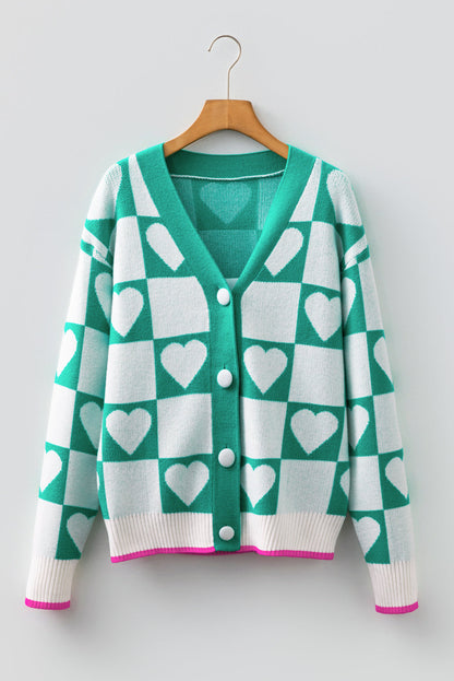 Valentine Heart Checker Buttoned V-Neck Cardigan