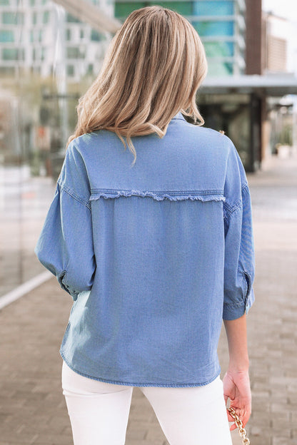 Floral Drop Shoulder Bracelet Sleeve Chambray Shirt