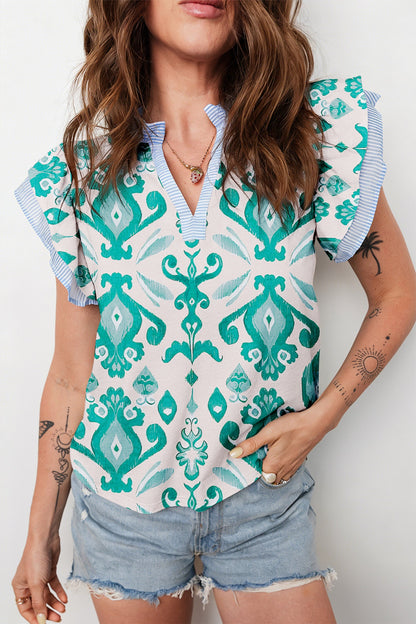 Stripe Trim Flutter Sleeve Top