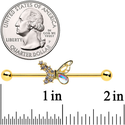 14G Clear Gem Gold Tone Glam Butterfly Industrial Barbell 38mm