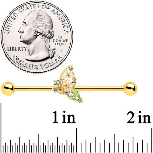 14G Clear CZ Gem Gold Tone Abstract Industrial Barbell 38mm