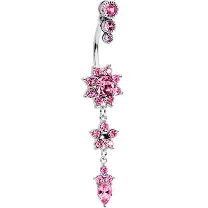 Pink Gem Triple Top Double Flower Drop Dangle Belly Ring