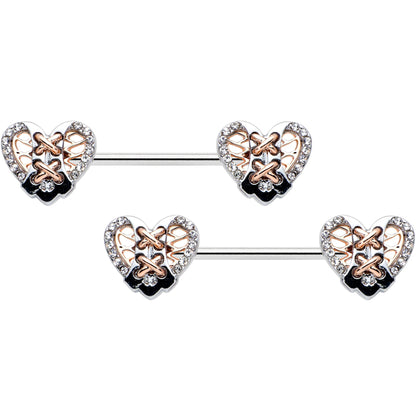14G 9/16 Clear Gem Tie Me Up Corset Heart Barbell Nipple Ring Set