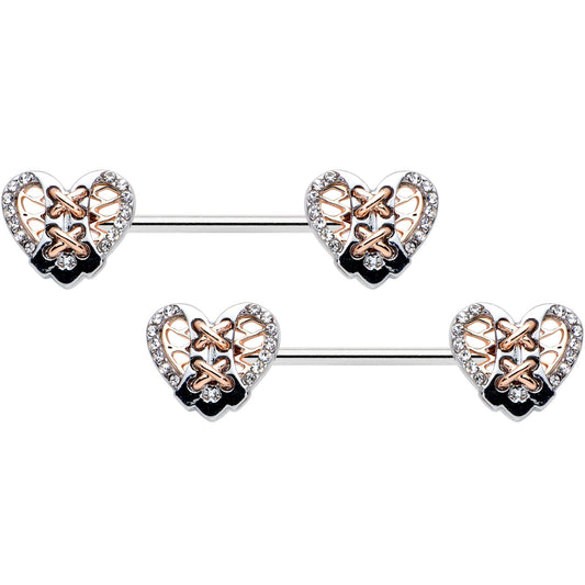 14G 9/16 Clear Gem Tie Me Up Corset Heart Barbell Nipple Ring Set