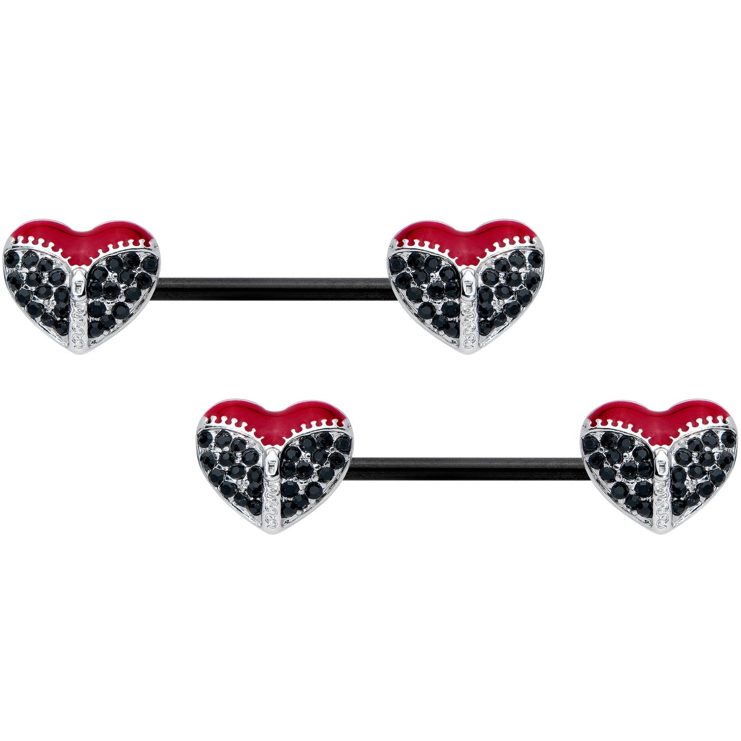 14G 9/16 Black CZ Gem Black Unzipped Heart Barbell Nipple Ring Set