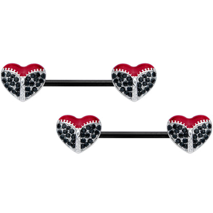 14G 9/16 Black CZ Gem Black Unzipped Heart Barbell Nipple Ring Set