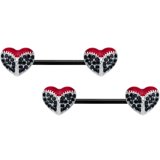 14G 9/16 Black CZ Gem Black Unzipped Heart Barbell Nipple Ring Set