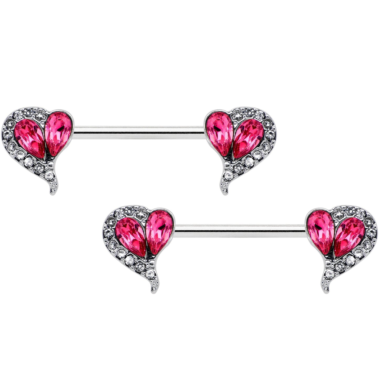 14G 9/16 Clear Pink Gem Curve Heart Valentines Nipple Ring Set