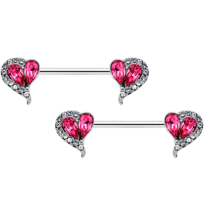 14G 9/16 Clear Pink Gem Curve Heart Valentines Nipple Ring Set