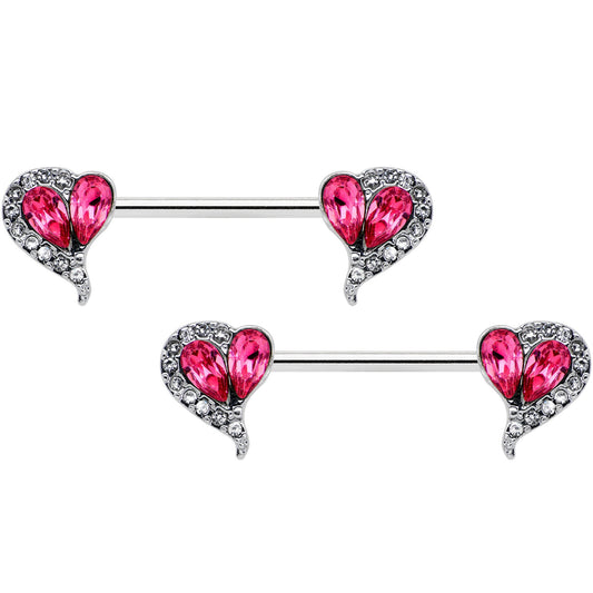 14G 9/16 Clear Pink Gem Curve Heart Valentines Nipple Ring Set