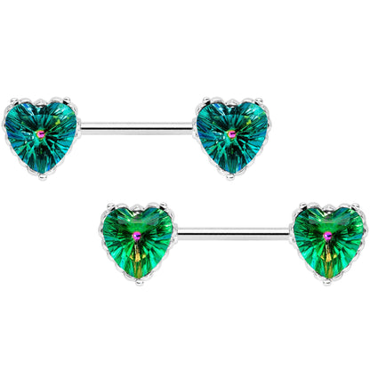 14G 9/16 Green CZ Gem Heart Valentines Day Nipple Ring Set
