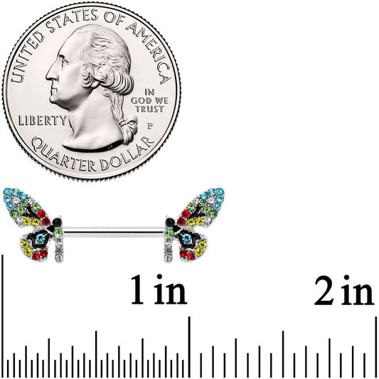 14G 9/16 Red Blue Gem Multi Butterfly Barbell Nipple Ring Set