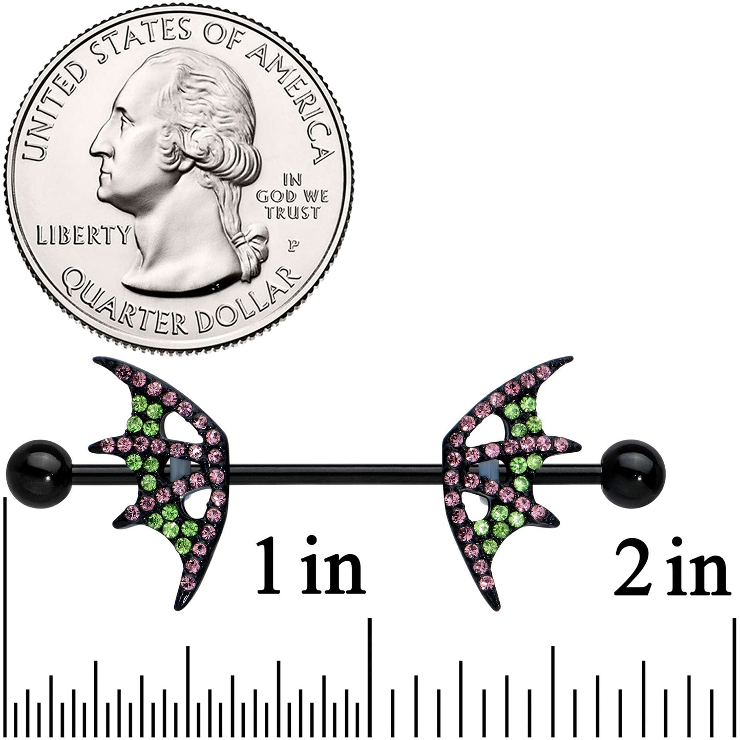 14G 13/16 Pink Green Gem Black Bat Wing Barbell Nipple Ring Set