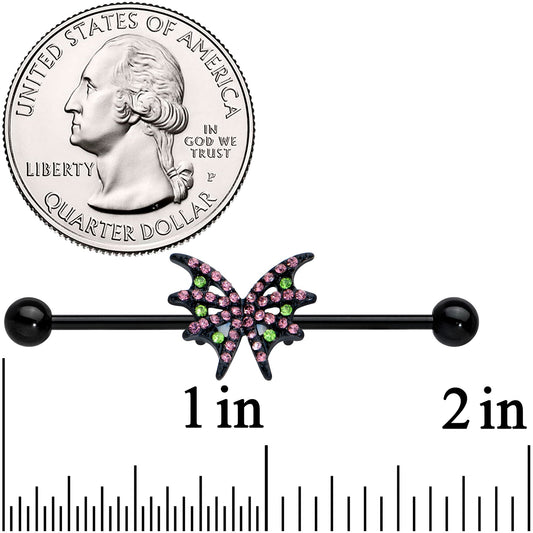 14G Pink Green Gem Black Bat Wing Industrial Barbell 38mm