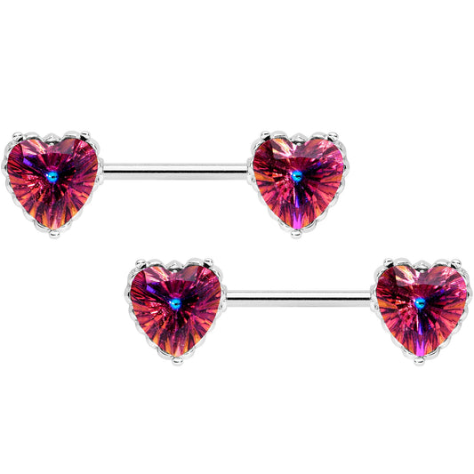 14G 9/16 Red CZ Gem Heart Love Valentine Barbell Nipple Ring Set