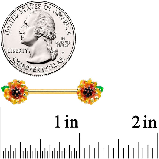 14G 9/16 Gold Tone Summer Sunflower Barbell Nipple Ring Set
