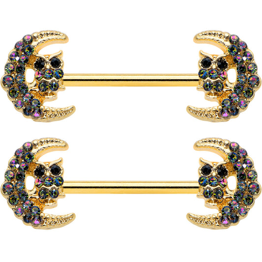 14G 5/8 Aurora Gem Gold Tone Owl Moon Barbell Nipple Ring Set