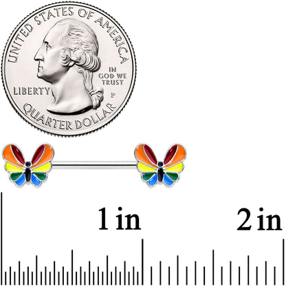 14G 9/16 Pride Rainbow Stripe Butterfly Barbell Nipple Ring Set