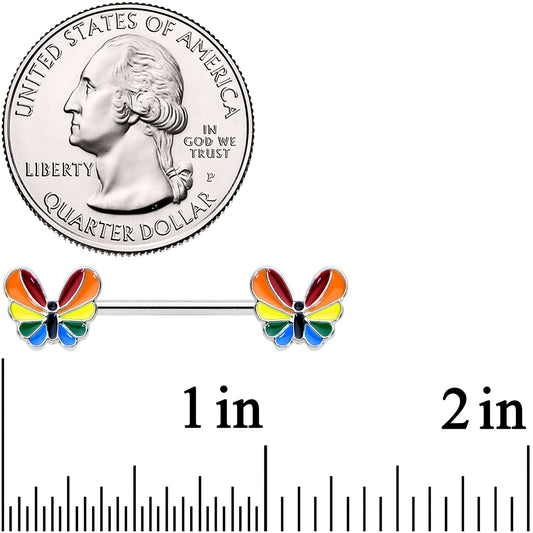 14G 9/16 Pride Rainbow Stripe Butterfly Barbell Nipple Ring Set