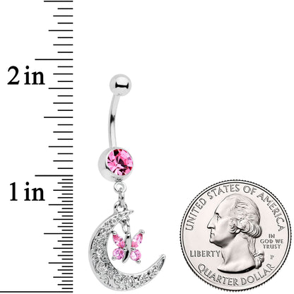 Pink Gem Crescent Moon Butterfly Dangle Belly Ring