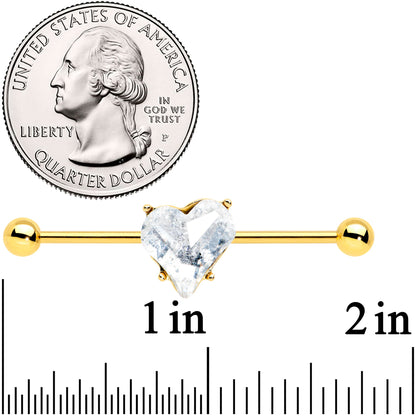 14G Clear Gem Gold Tone Heart Valentine Industrial Barbell 38mm