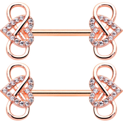 14G 1/2 Clear CZ Gem Rose Gold Hue Infinity Heart Nipple Ring Set