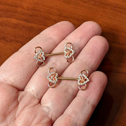 14G 1/2 Clear CZ Gem Rose Gold Hue Infinity Heart Nipple Ring Set