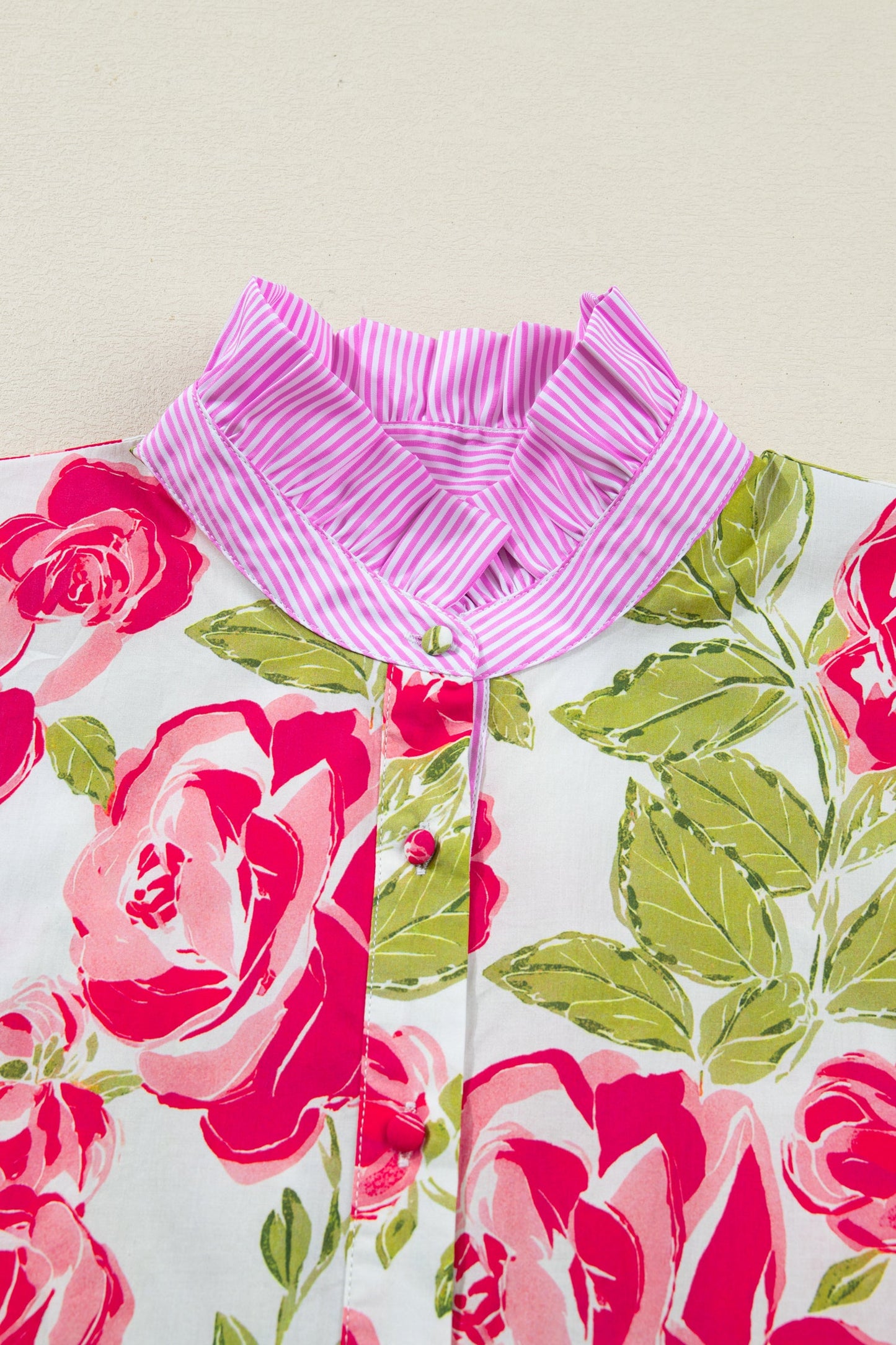 Stripe Trim Frill Collar Short Sleeve Shirt
