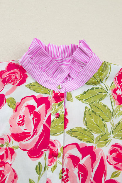 Stripe Trim Frill Collar Short Sleeve Shirt