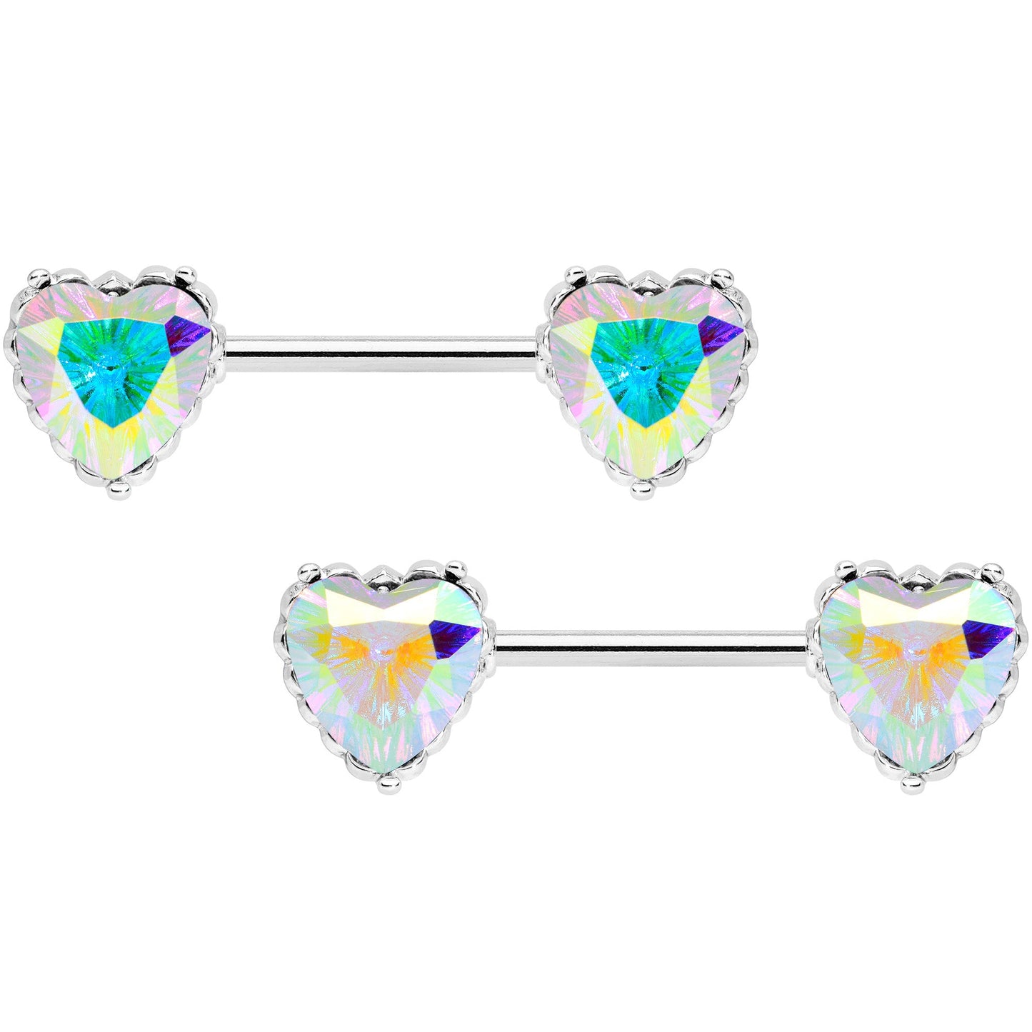 14G 9/16 Aurora CZ Gem Heart Valentines Day Nipple Ring Set