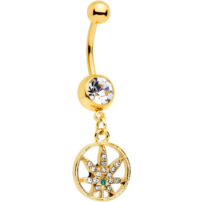 Clear Green Gem Gold Tone Circle Pot Leaf Dangle Belly Ring