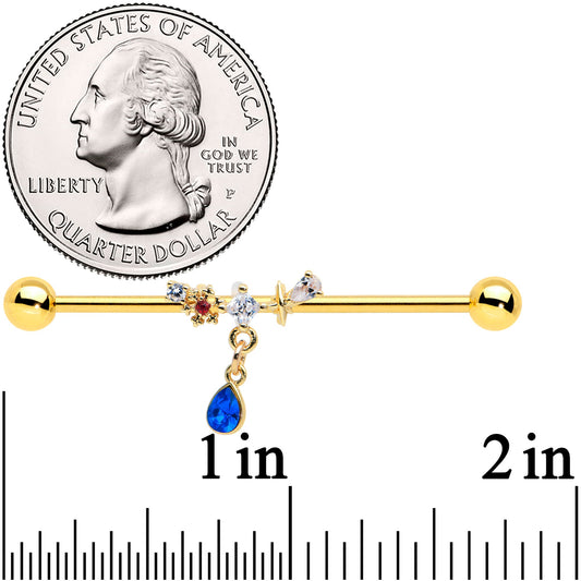14G Clear Blue Gem Gold Tone Drop Dangle Industrial Barbell 38mm