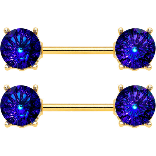 14G 9/16 Blue Gem Gold Tone Simply Elegant Nipple Ring Set