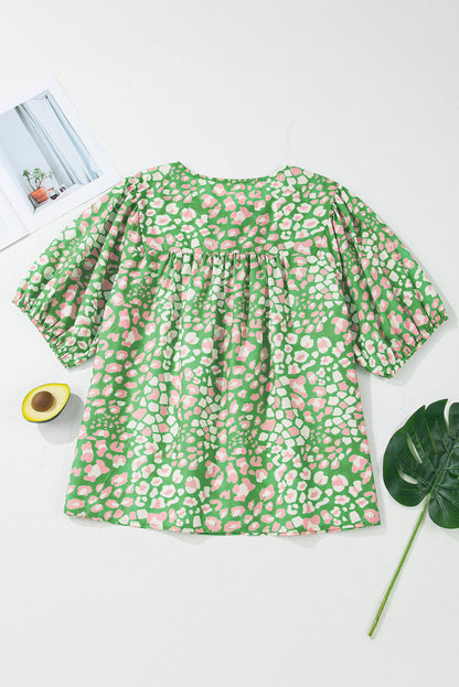 Plus Size Floral Tassel Tie Sleeve Blouse