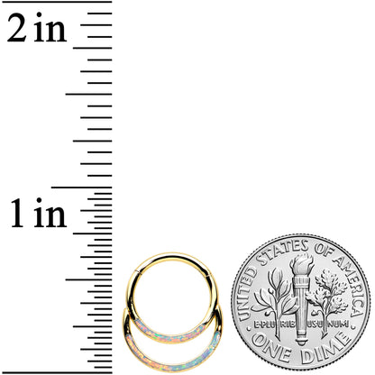 16G 3/8 White Synth Opal Gold Tone Double Row Hinged Segment Ring
