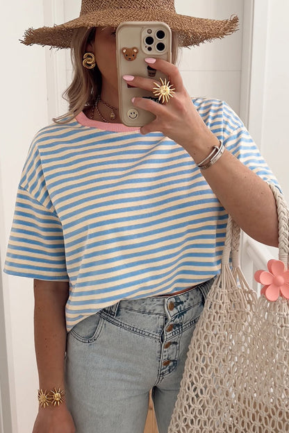 Stripe Contrast Crew Neck Drop Shoulder Tee